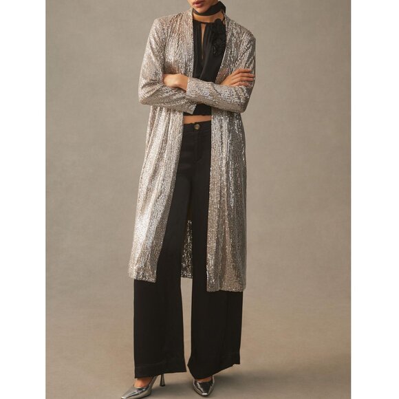 NWOT Anthropologie Mare Mare Sequin Duster Taupe Silver M - Picture 1 of 10